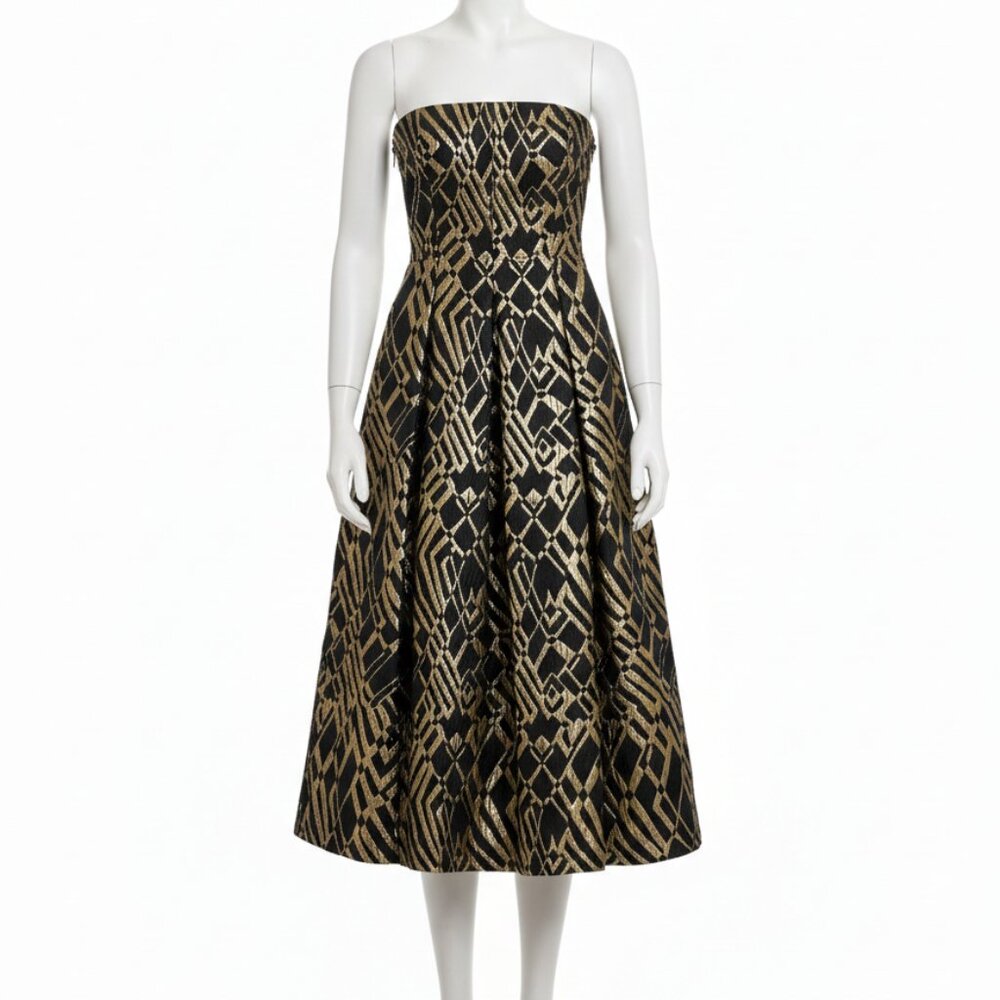 Nicole Miller Metallic Gold Geometric Strapless Midi Dress